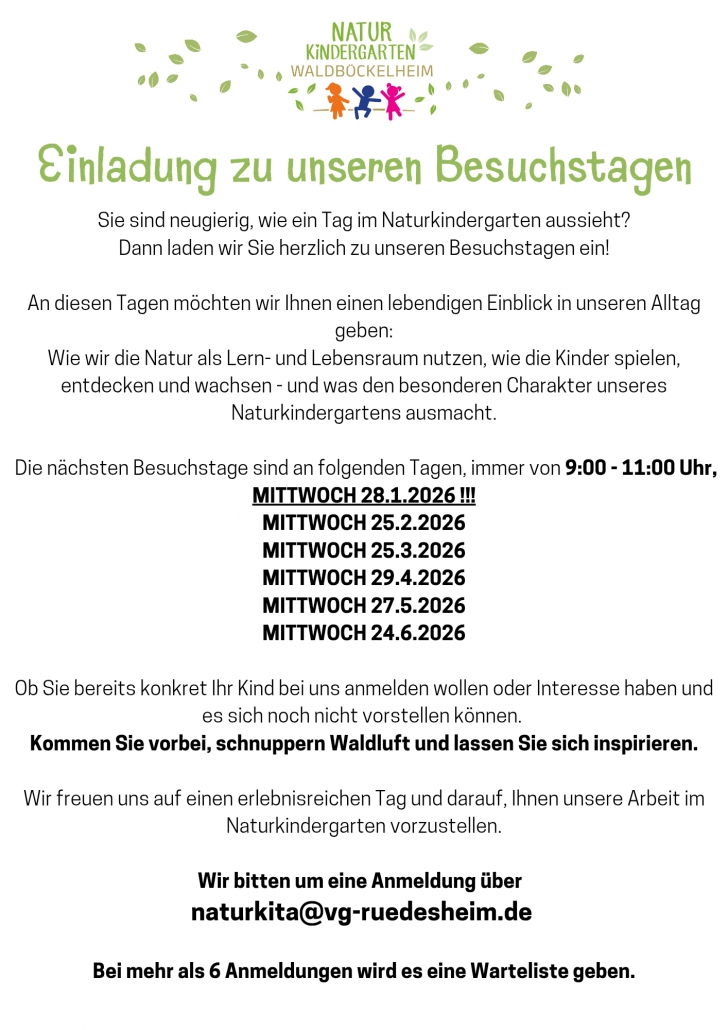 Einladung Besuchstage 9-11 Uhr am 28.1., 25.2., 25.3., 29.4., 27.5., 24.6. - Anmeldung über naturkita@vg-ruedesheim.de